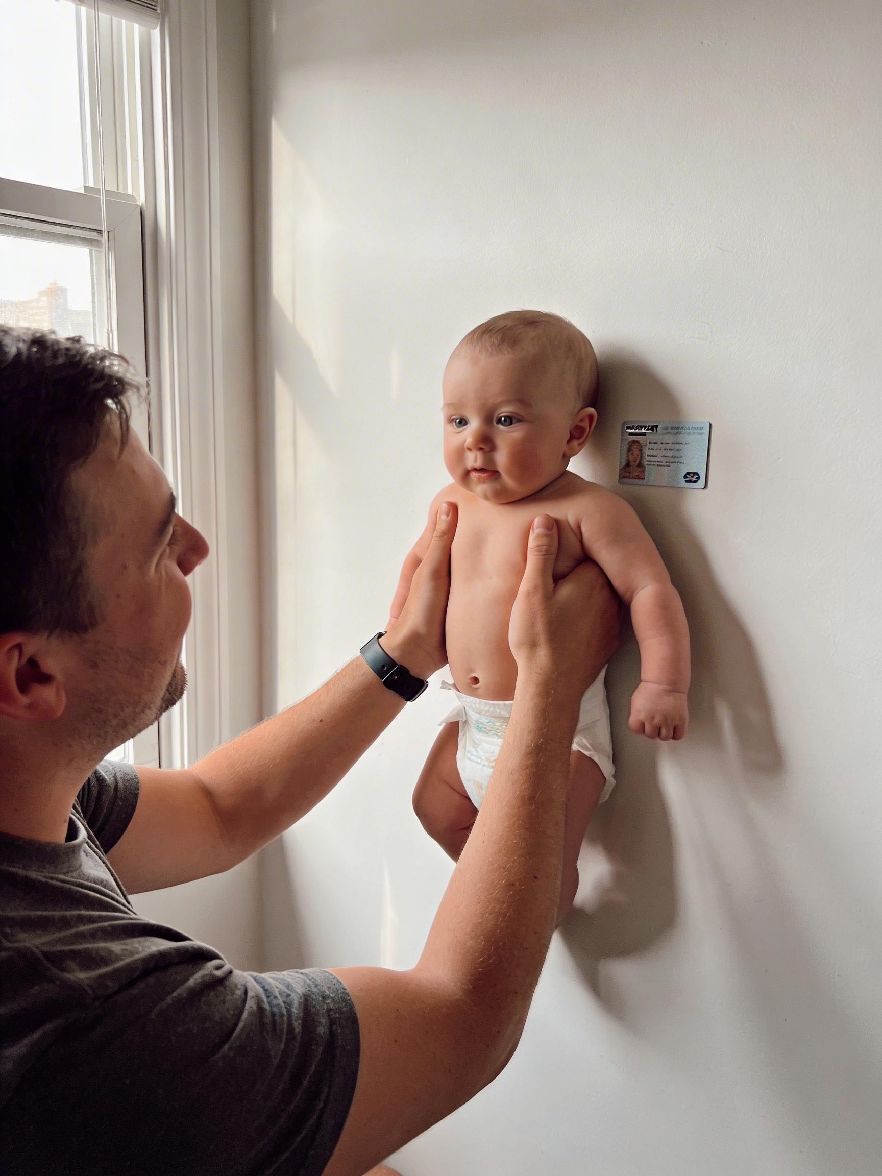 Parent holding baby against a plain wall for a home passport photo