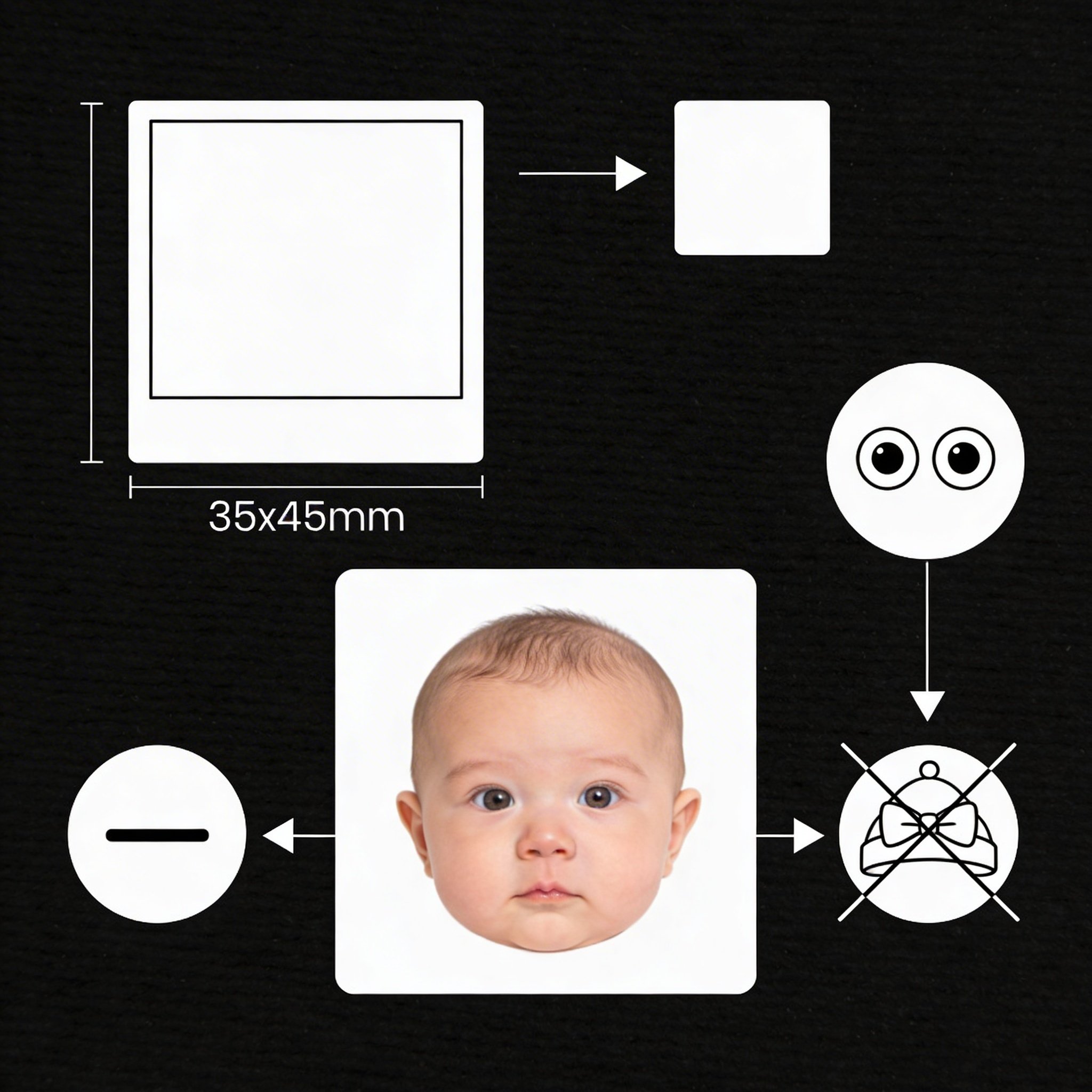 Infographic showing the official Irish passport photo dimensions and requirements for babies