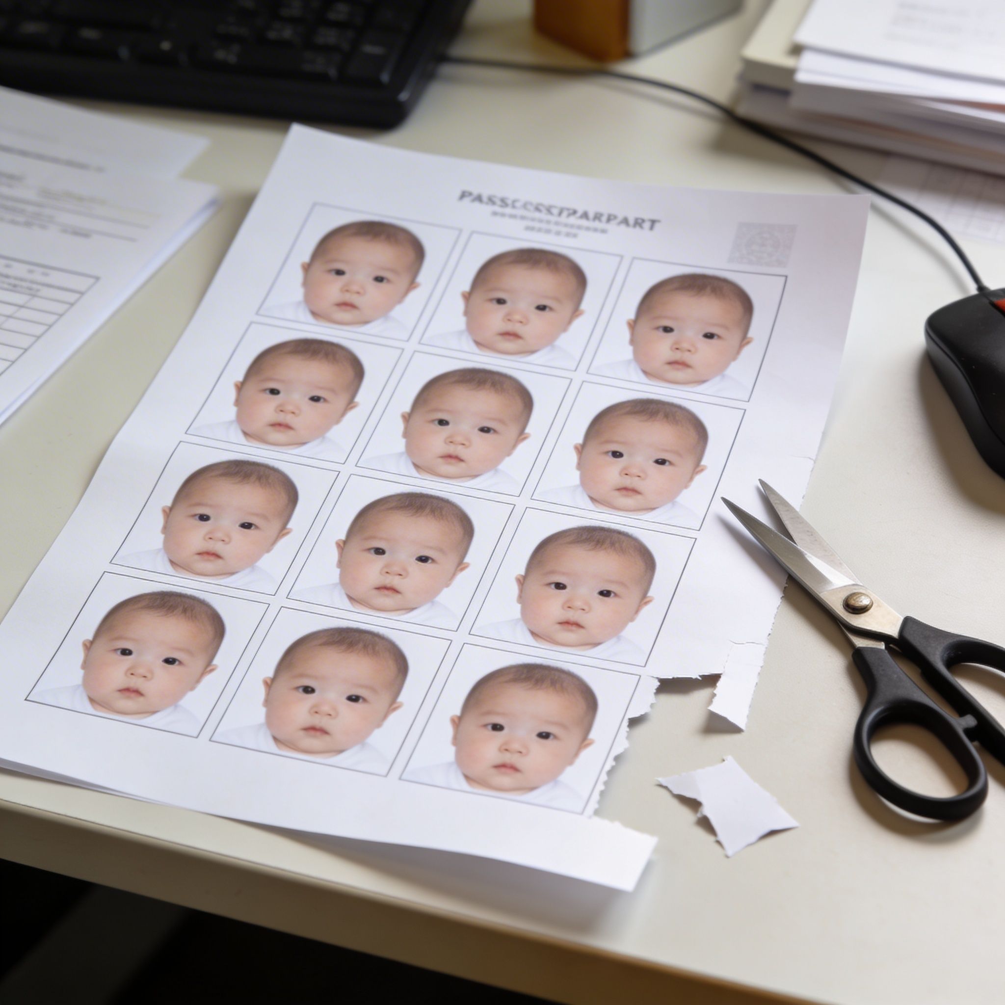Printed baby passport photo sheet ready for cutting