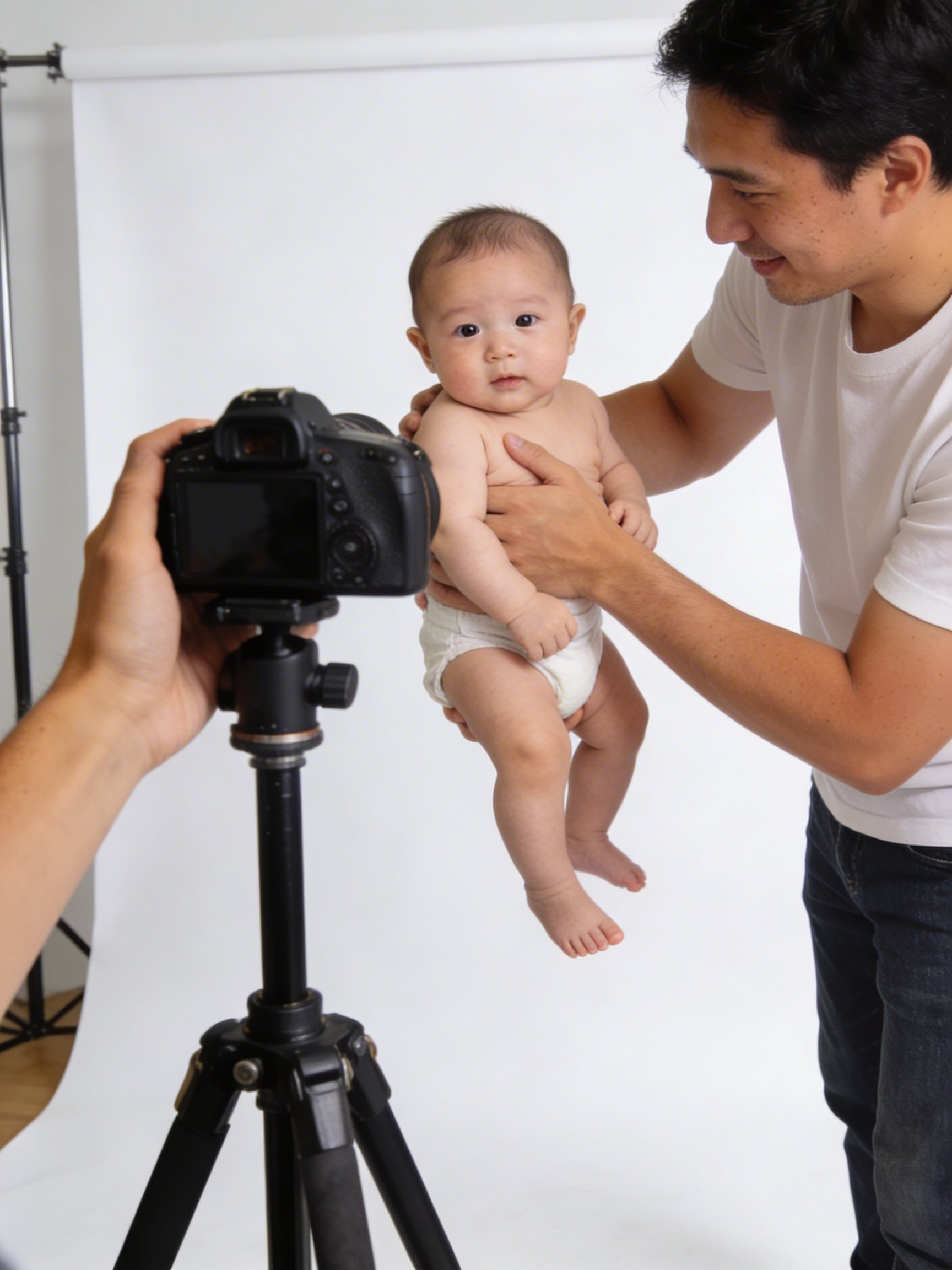 Baby lying on a plain white surface being photographed for an Irish passport