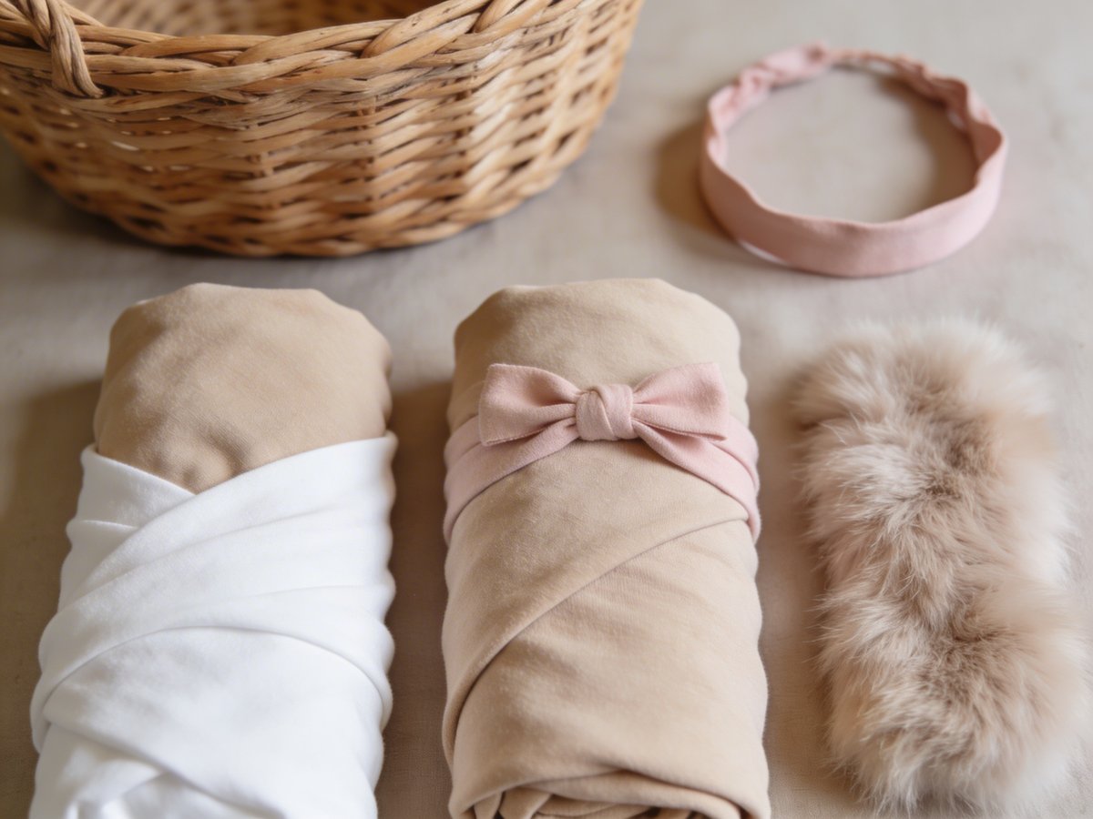 Flat lay of newborn photography props: cream jersey wrap, soft grey blanket, small wicker basket and knitted bonnet
