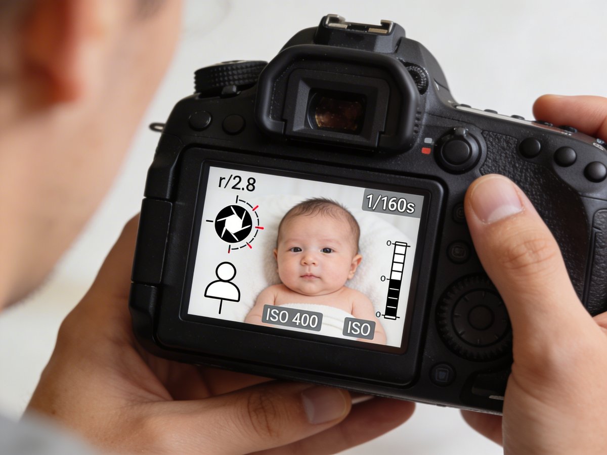 Camera display showing manual settings adjusted for a baby photography session, aperture priority mode with ISO 400