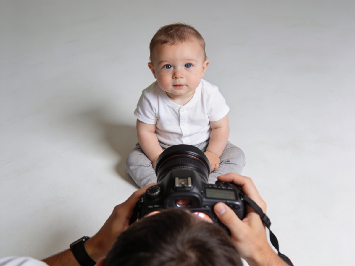 Baby photographer lying on the floor to shoot at eye level with a three-month-old infant on a soft play mat
