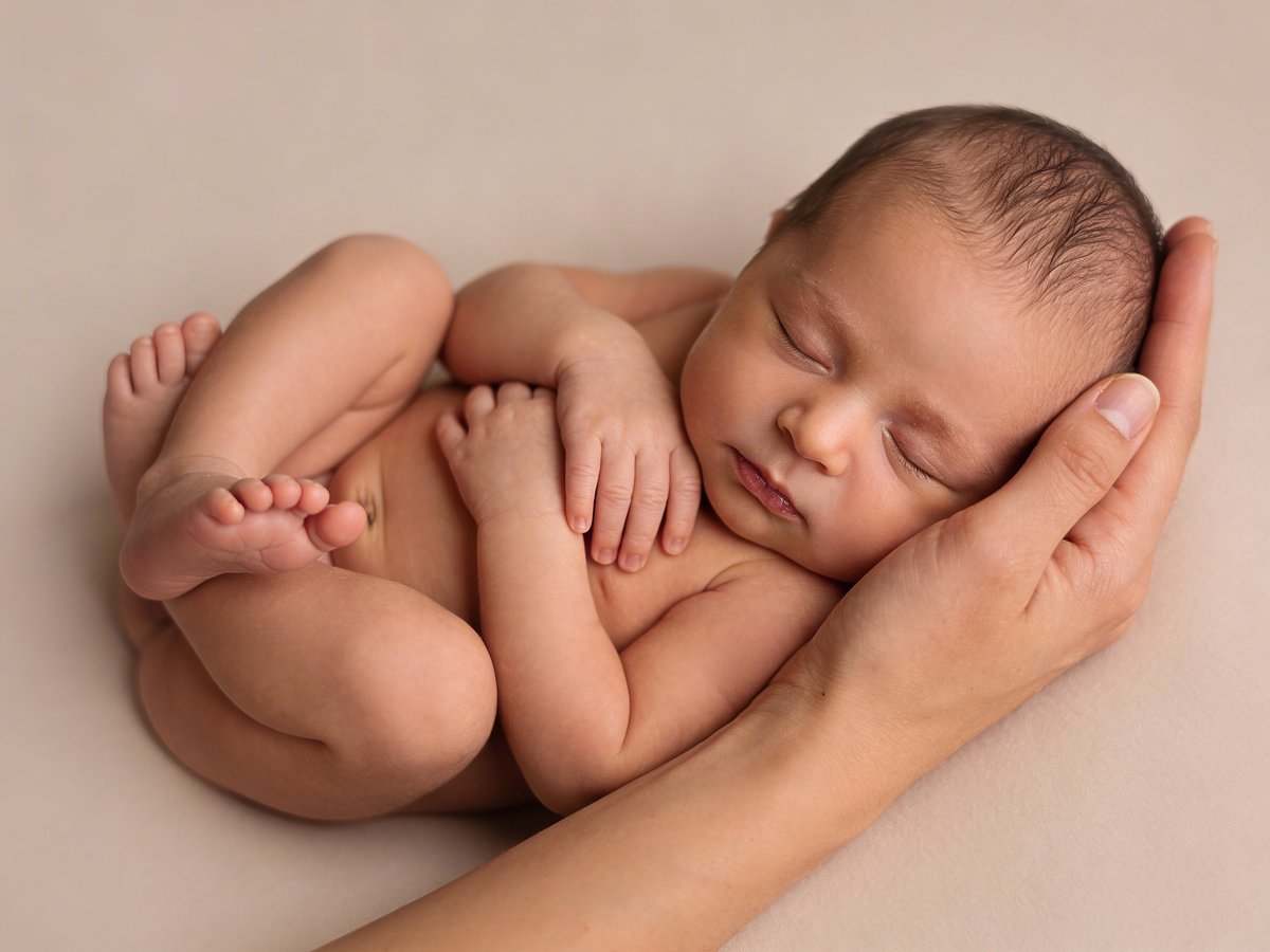 Professional photographer supporting a sleeping newborn's head during a posed curled position on a soft posing cushion