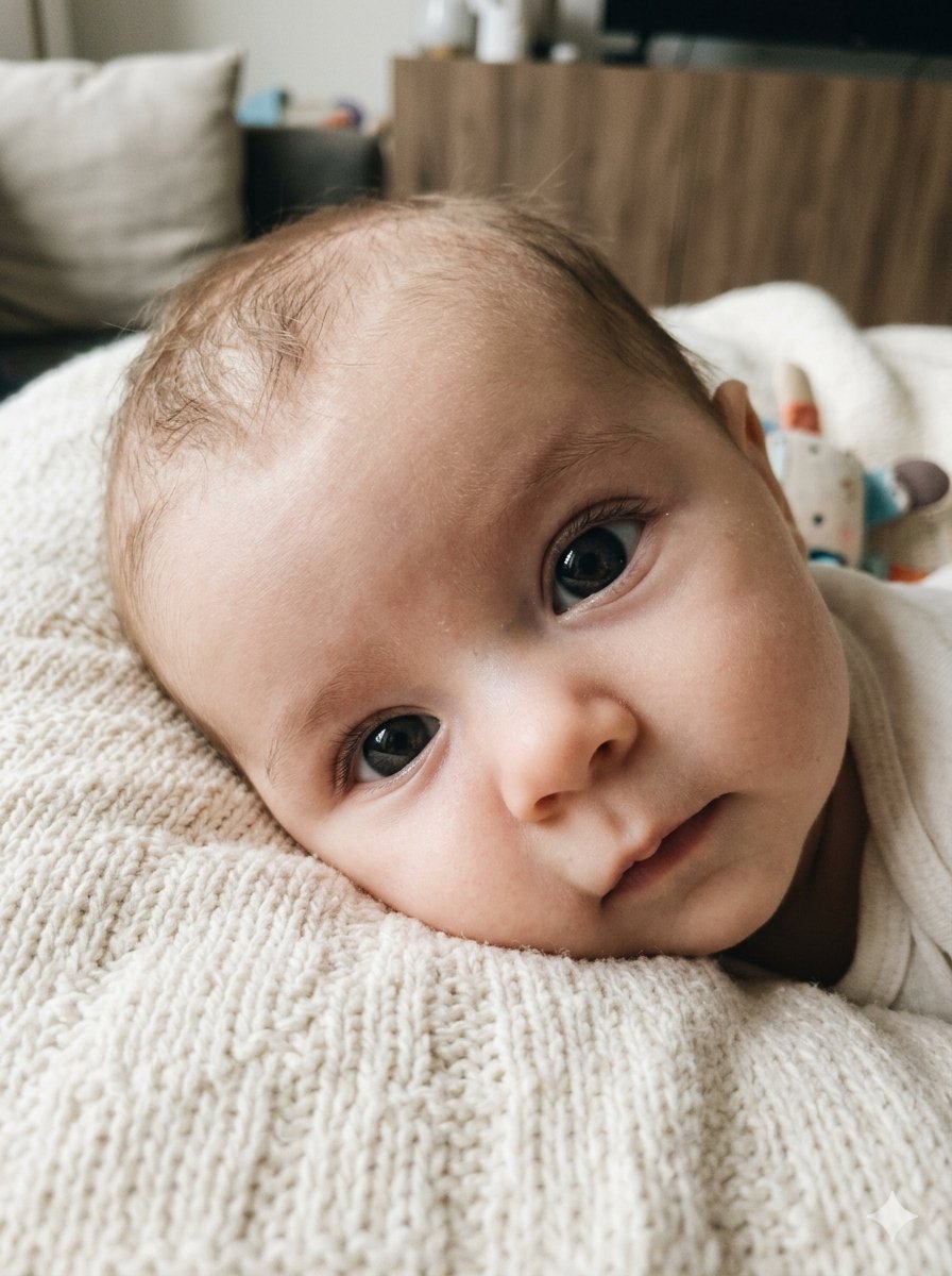 Three-month-old Irish baby on their tummy during a lifestyle photoshoot, pushing up and looking at the camera