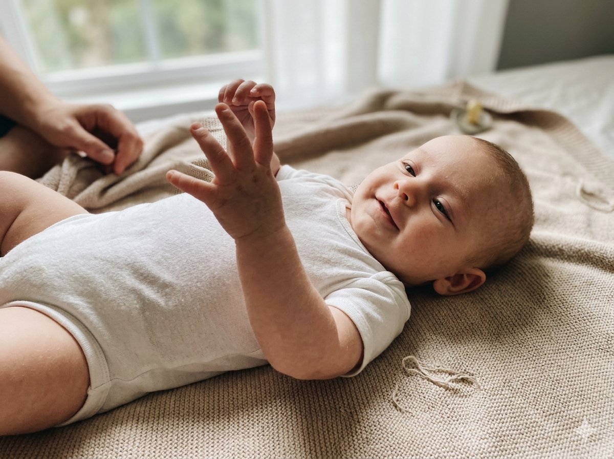 Alert 3-month-old baby smiling up at camera during a studio session with warm natural light in Ireland