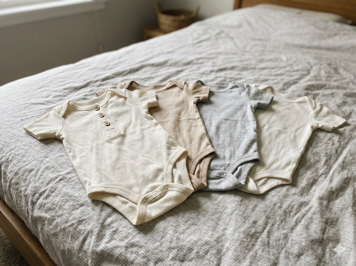 Neutral-toned baby outfits laid out ready for a 3-month photoshoot session in Ireland