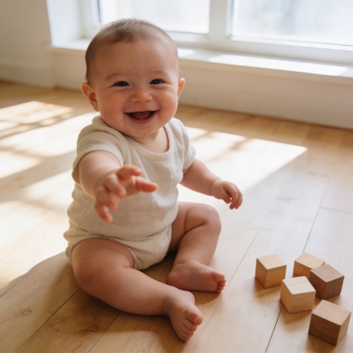 Seven-month-old baby sitting independently, laughing openly during a studio photoshoot in Ireland