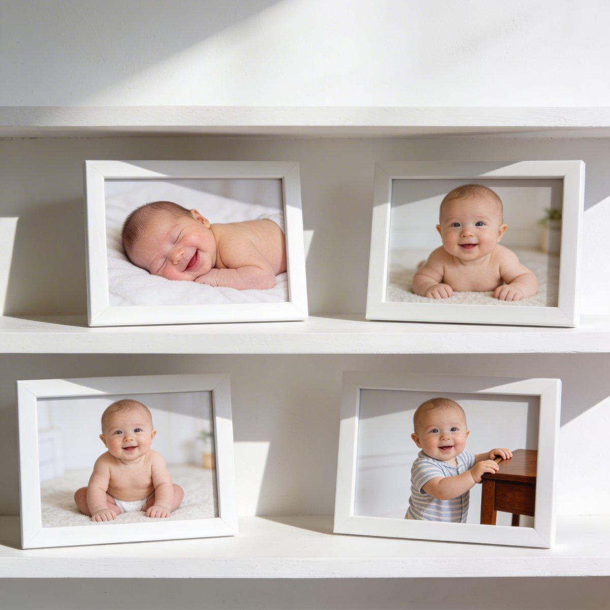 Visual timeline of baby photoshoot stages from newborn to 12 months, showing the best age windows