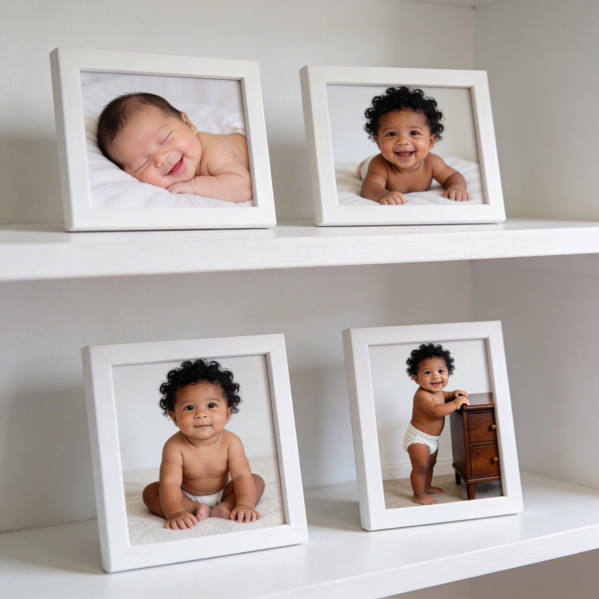 A curated collection of images from a baby's first year, newborn, three months, six months, and first birthday, showing the full story of development
