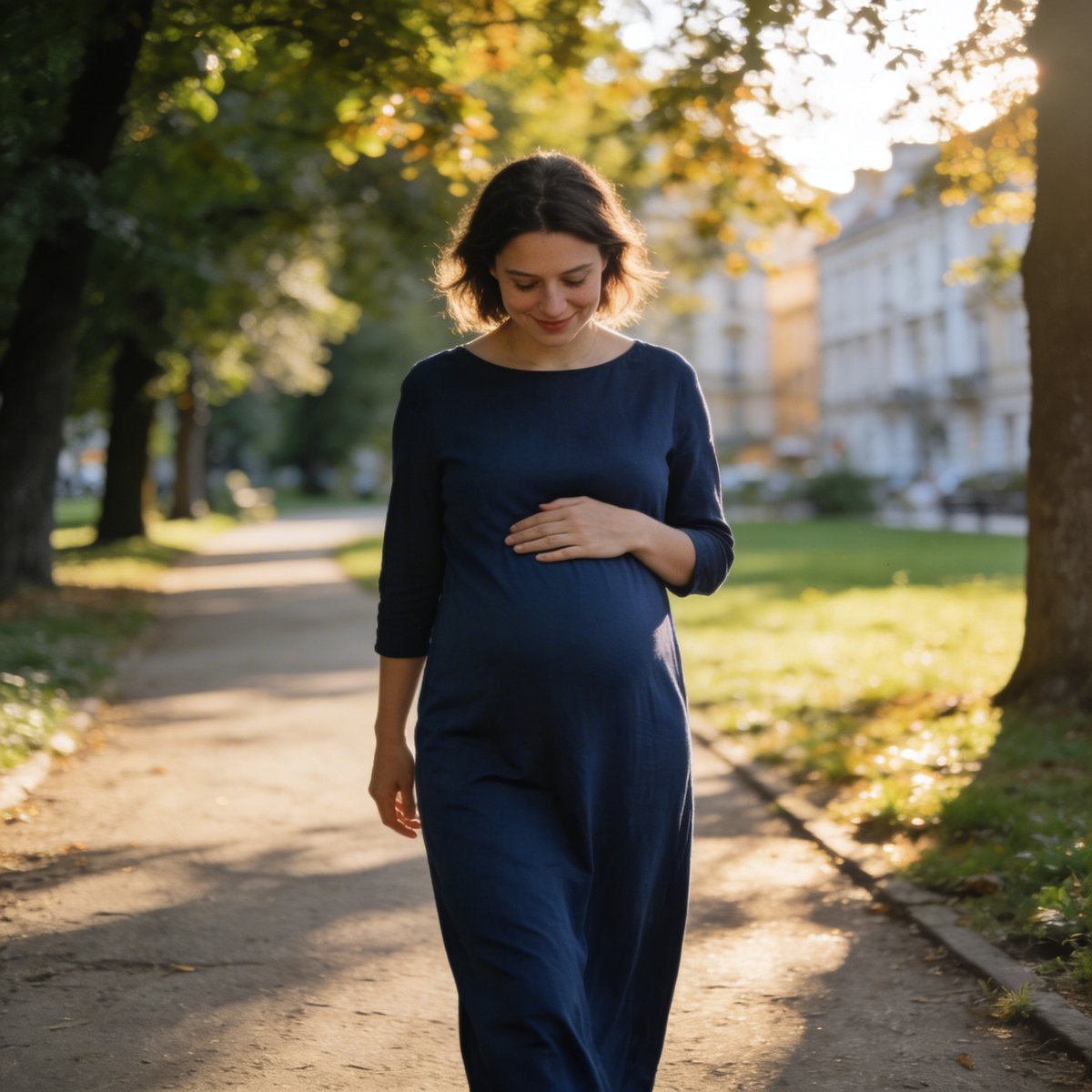 Pregnant woman in a flowing dress walking a path in an Irish park during a maternity photoshoot