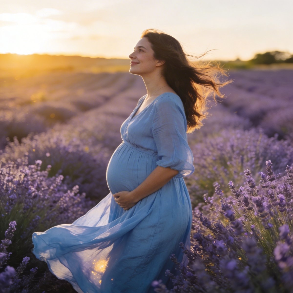Pregnant woman in a flowing dress in an open field in Ireland at golden hour, warm evening light