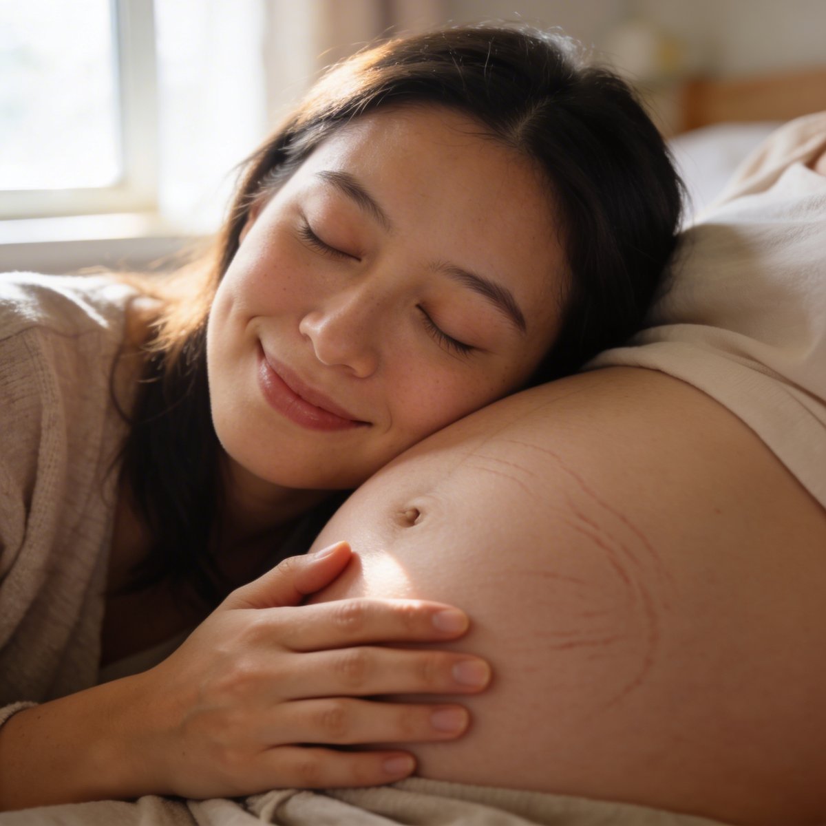 Expectant mother in a quiet moment of reflection, hands resting gently on her rounded bump