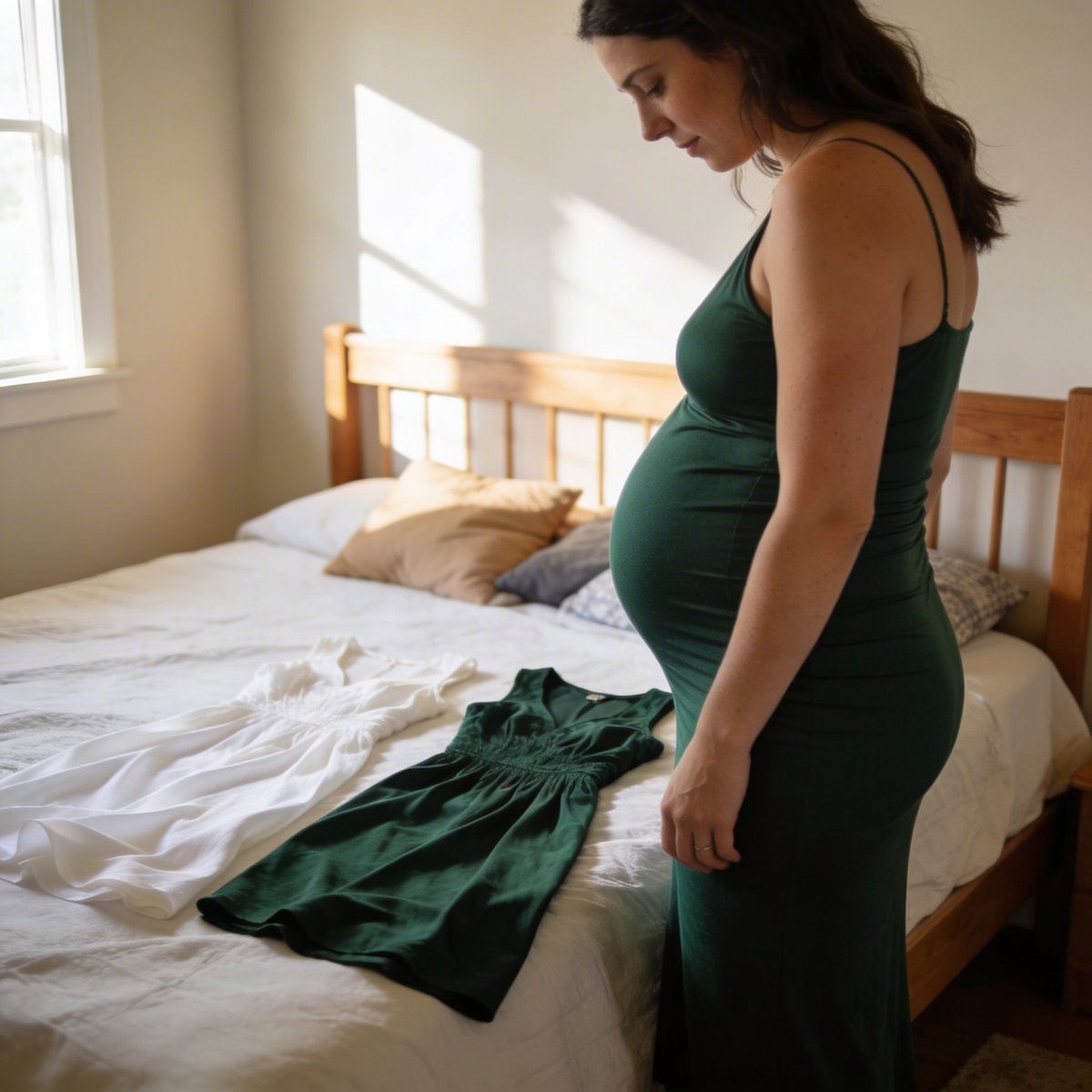 Expectant mother preparing calmly for her maternity photoshoot, outfits and accessories laid out