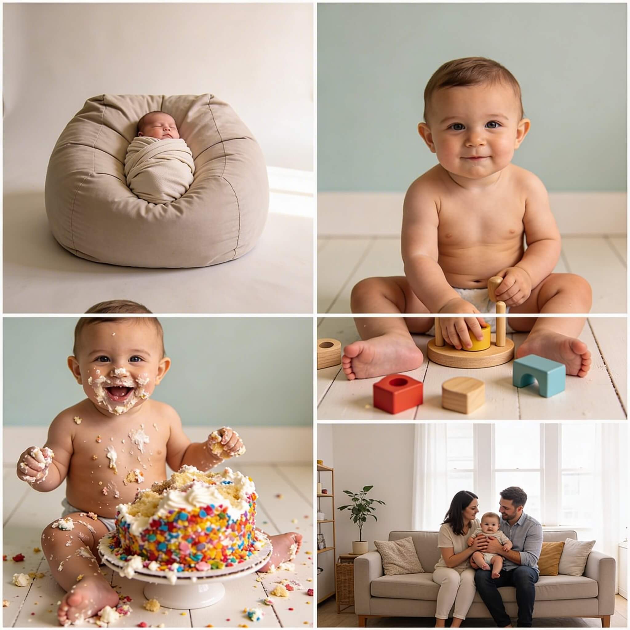 Collage showing four types of baby photo sessions: a sleeping newborn curled on a bean bag, a laughing six-month-old sitting with balloons, a baby smashing a decorated cake, and a parent holding a newborn in a bright home setting