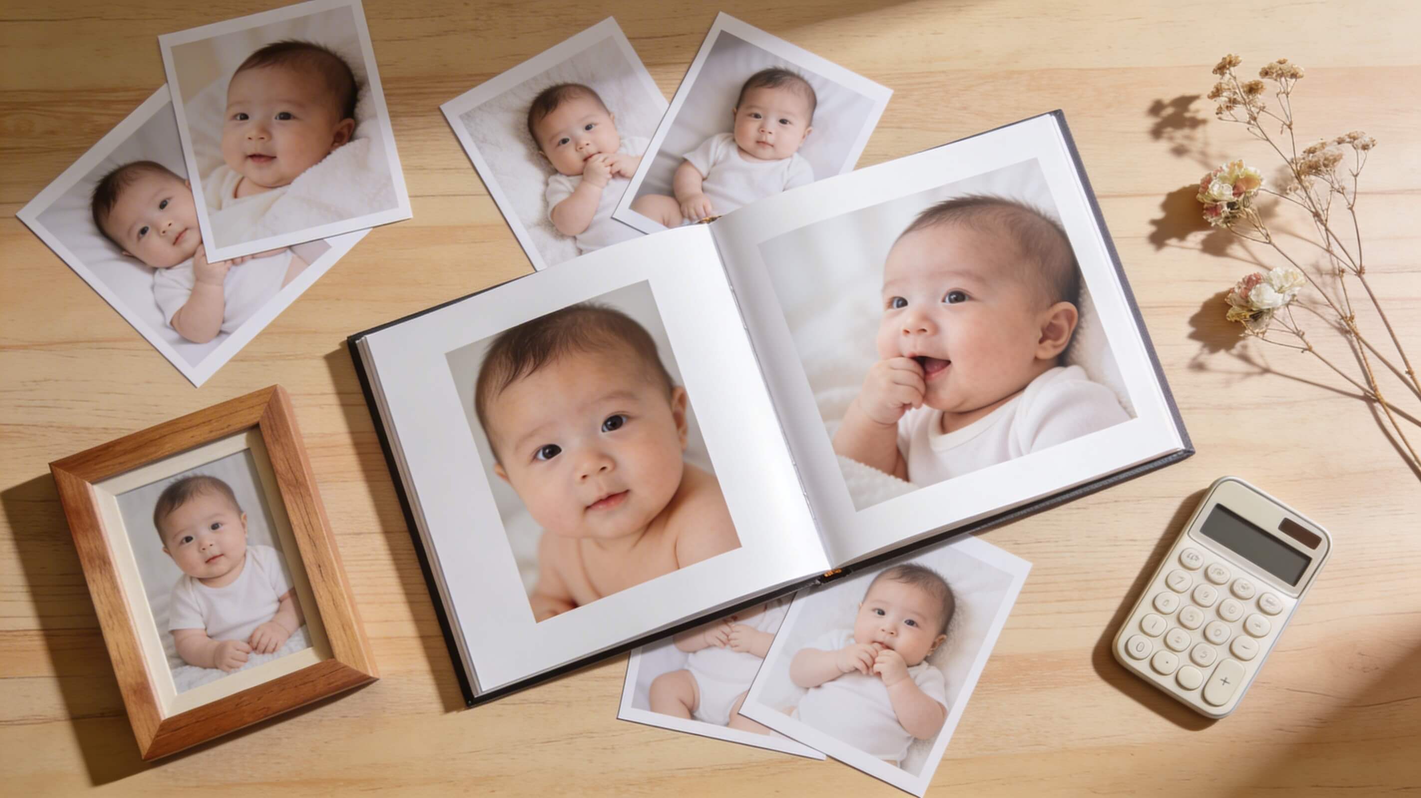 A beautifully bound baby photo album open on a wooden table beside printed photographs, a small potted plant and a calculator, suggesting the value and investment involved in professional baby photography