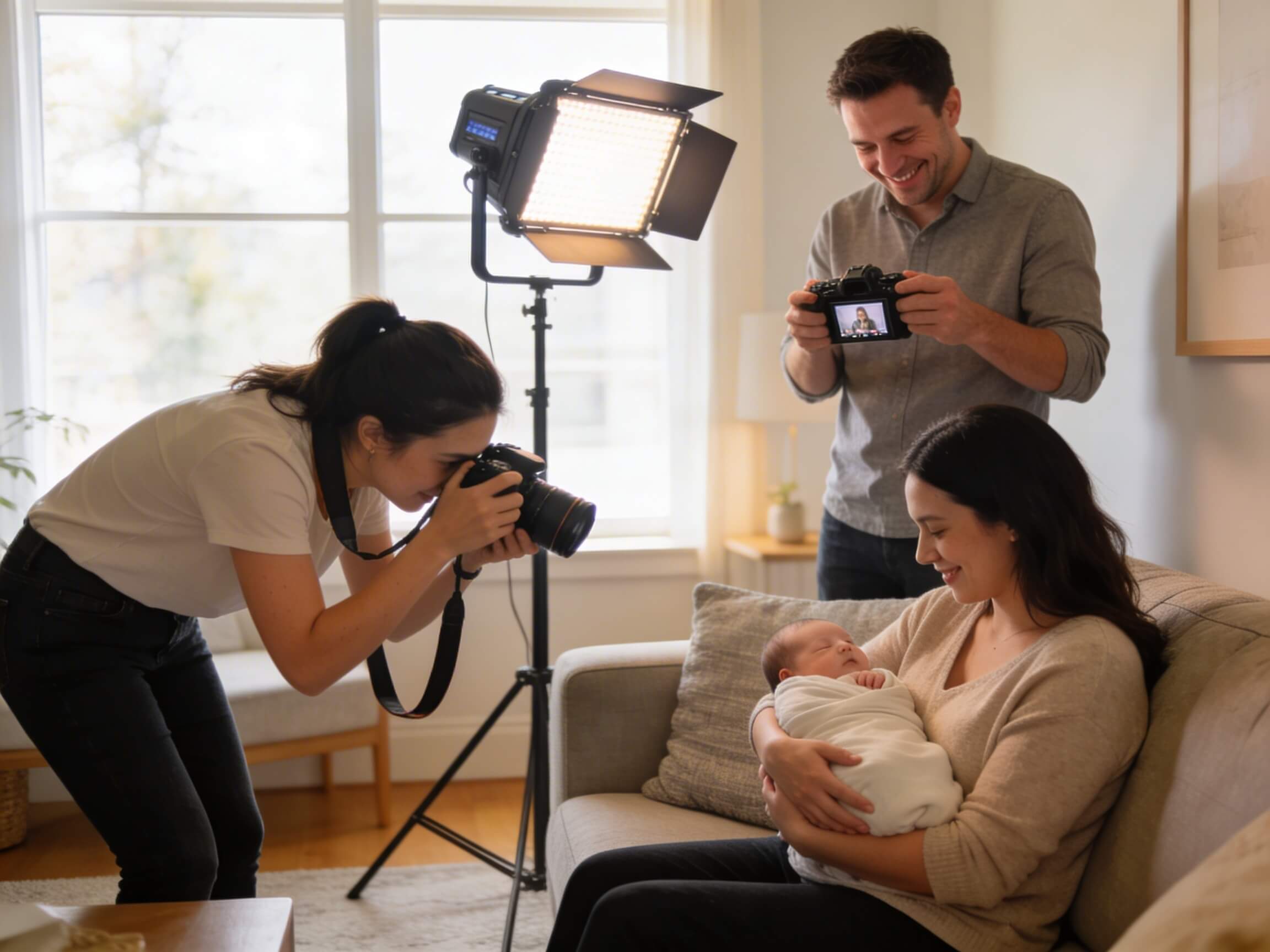 A photographer with portable lighting equipment photographing a mother holding her newborn on a comfortable sofa in a bright Irish home, with a wooden floor and large window behind them