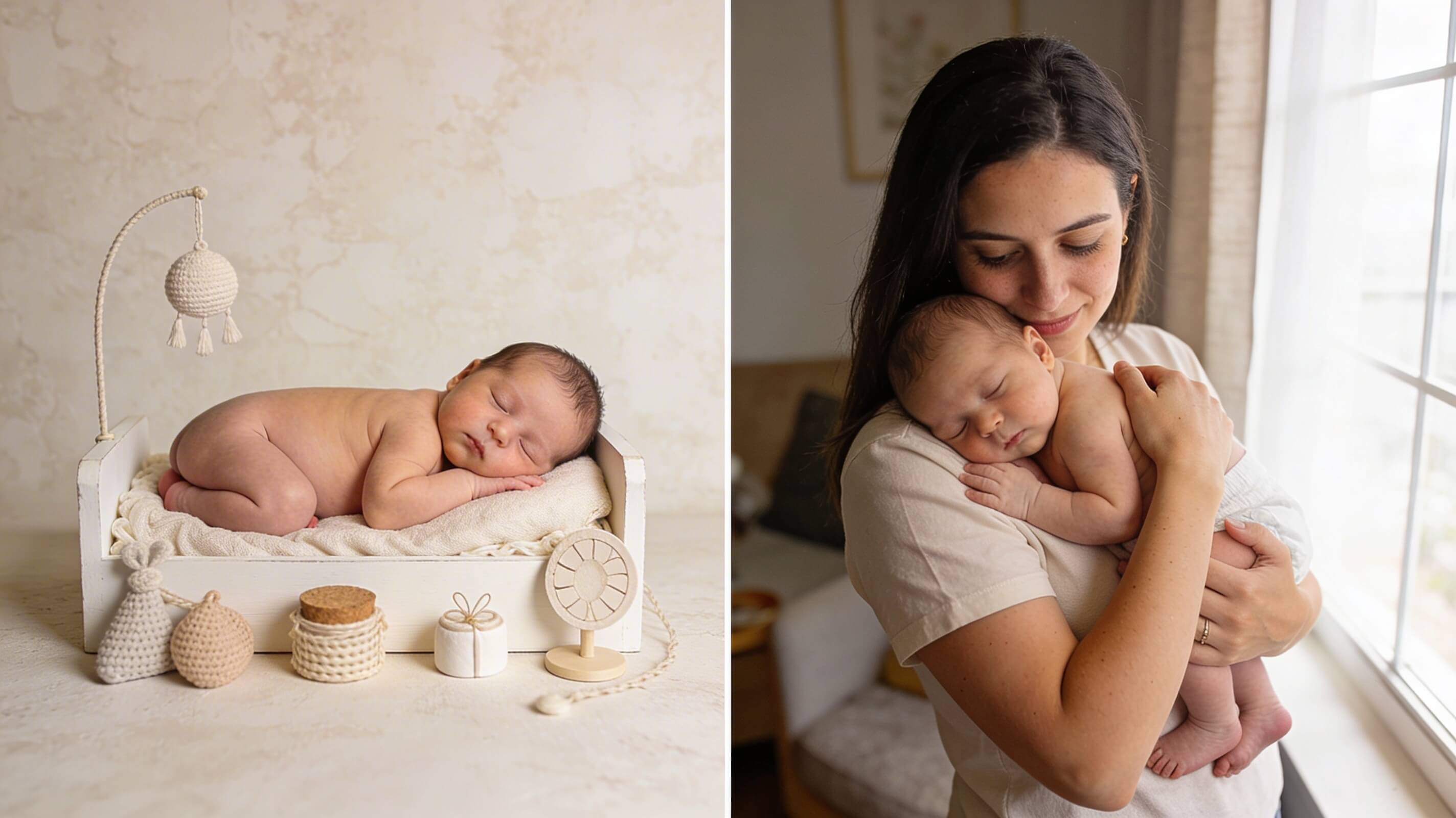 Split image: on the left, a newborn photographed in a warmly lit studio in a classic curled pose on a cream textile backdrop; on the right, a mother holding her baby near a window at home in a relaxed lifestyle session