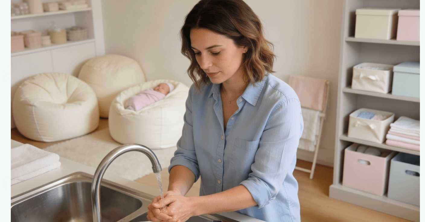A newborn photographer thoroughly washing their hands at a sink before a session in a clean, well-organised studio, with wrapped props and soft textiles visible in the background