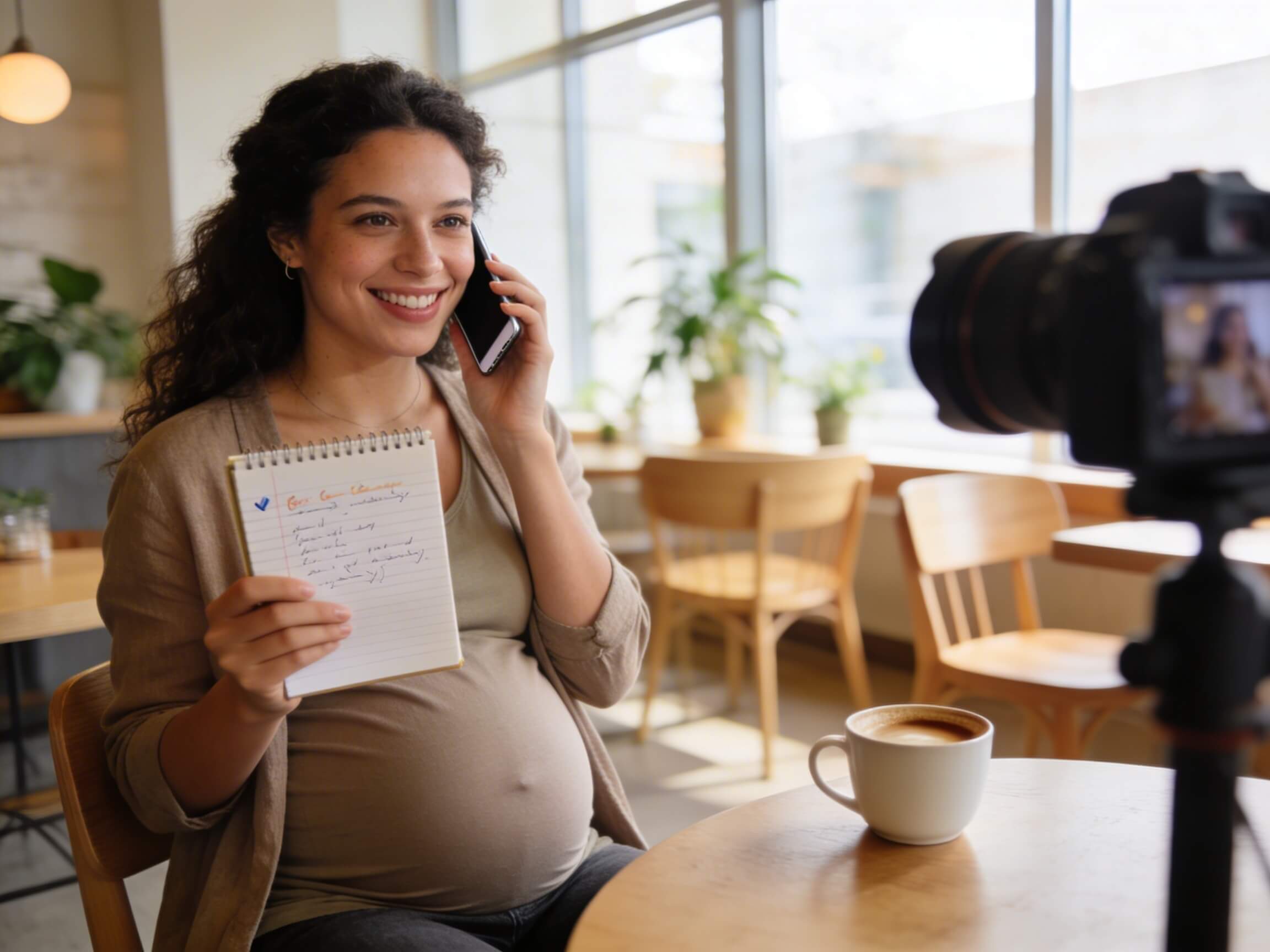 A pregnant woman sitting at a bright kitchen table, smiling during a phone call with a notepad and pen in front of her, preparing questions to ask a prospective baby photographer
