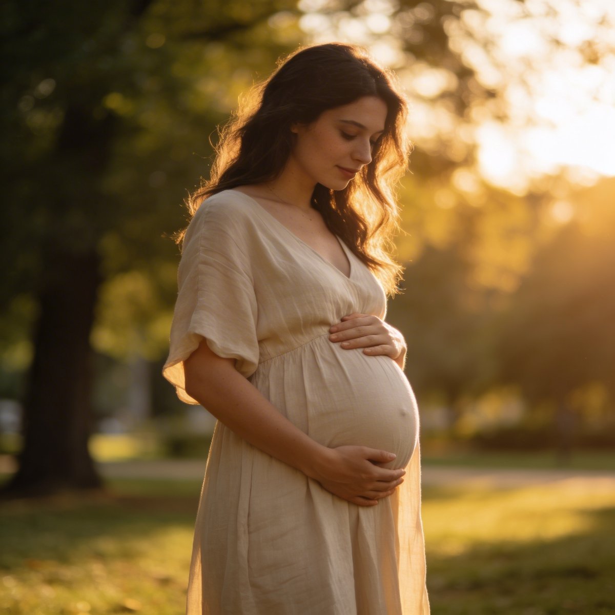 Maternity photoshoot in soft natural light in an Irish home, 30 weeks pregnant mother in a flowing dress