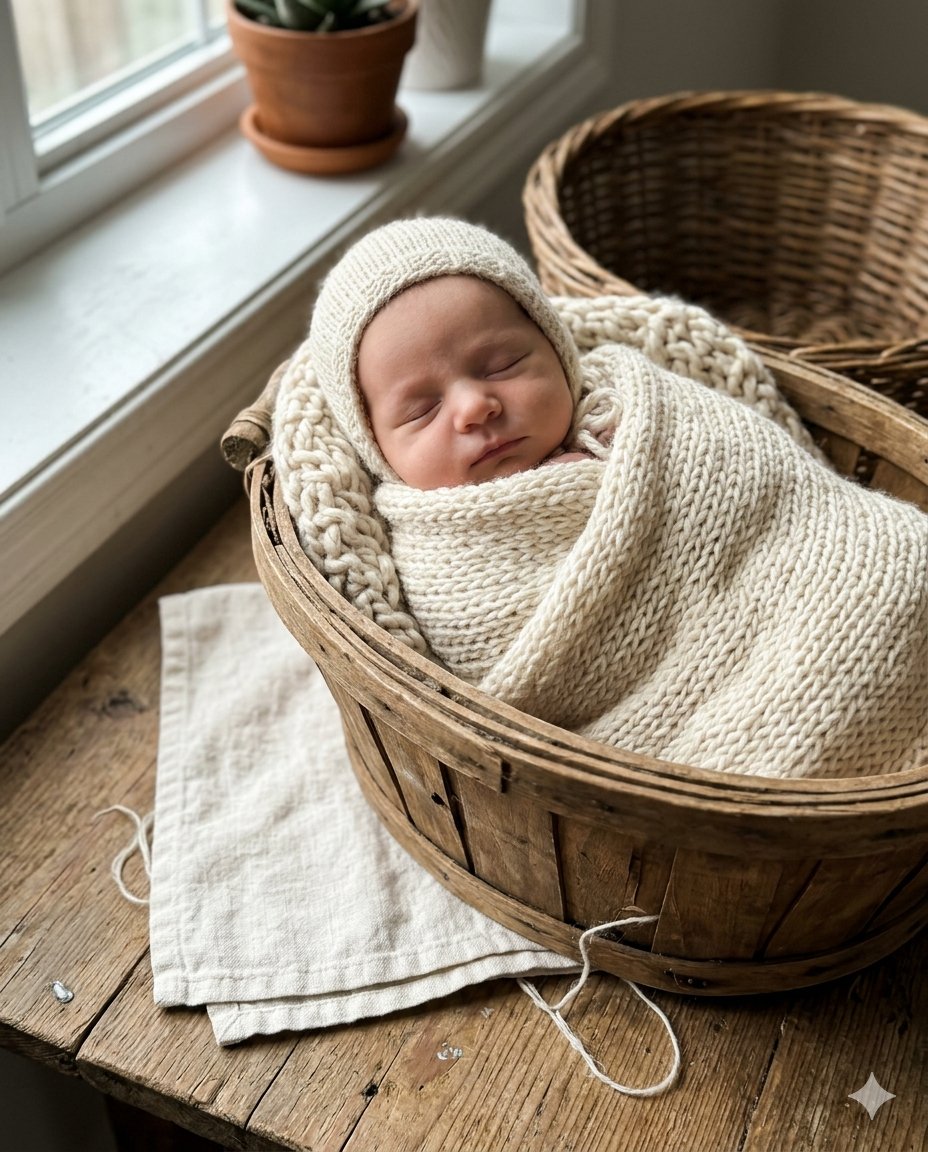 Sleeping newborn baby wrapped in a cream chunky knit swaddle, nestled in a wicker basket with soft natural light coming from a side window