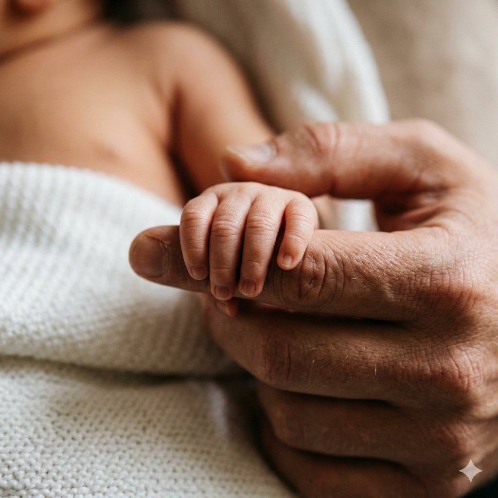 Close-up of a parent's finger curled inside a sleeping newborn's tiny fist, soft blurred background
