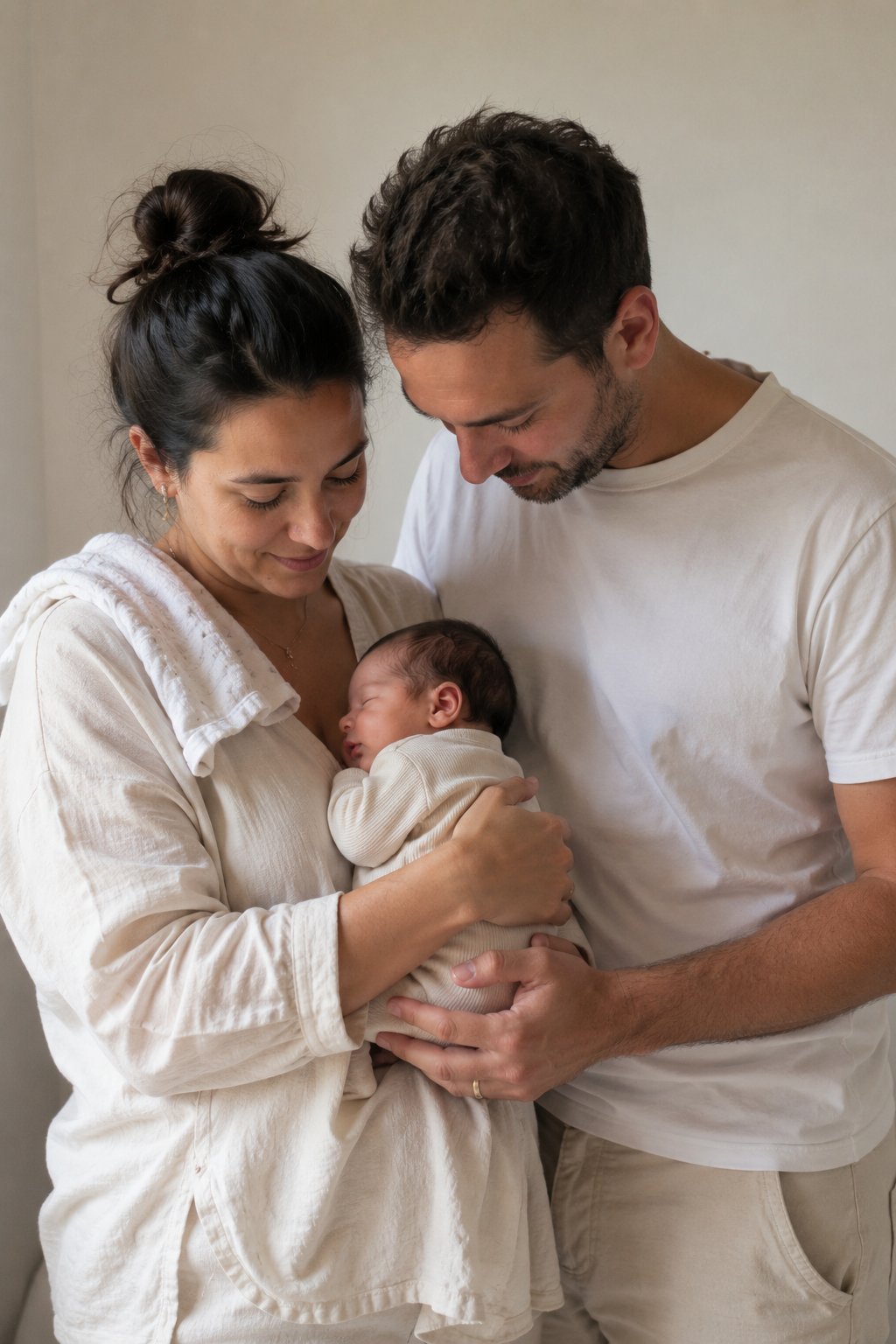 Parents dressed in soft neutral tones, cream and warm grey, cradling their newborn baby together during a studio session