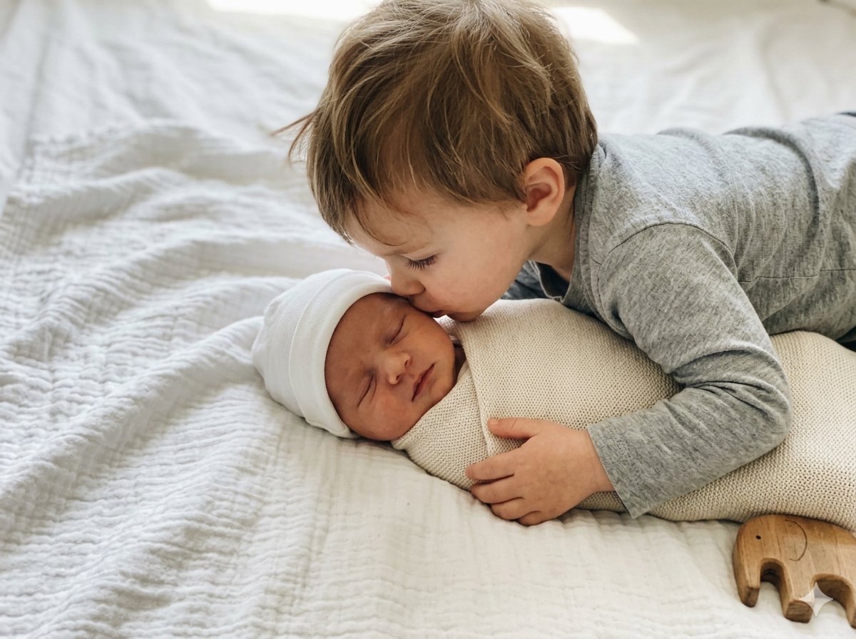 Toddler sibling lying next to a sleeping newborn on a soft white blanket, looking down at the baby with a gentle expression